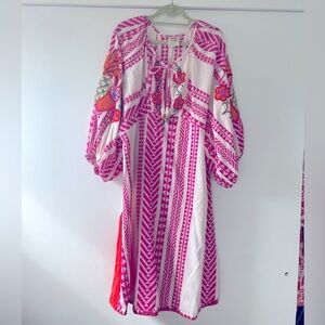 Farm Rio Linen Tent Dress XL gently used  bright pink and white with embroidery
